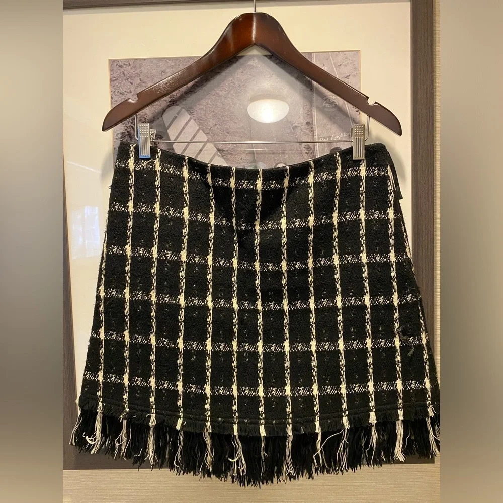Tory Burch Marisol Mini Tweed Skirt Black Stitch Plaid Fringe 8 checkered